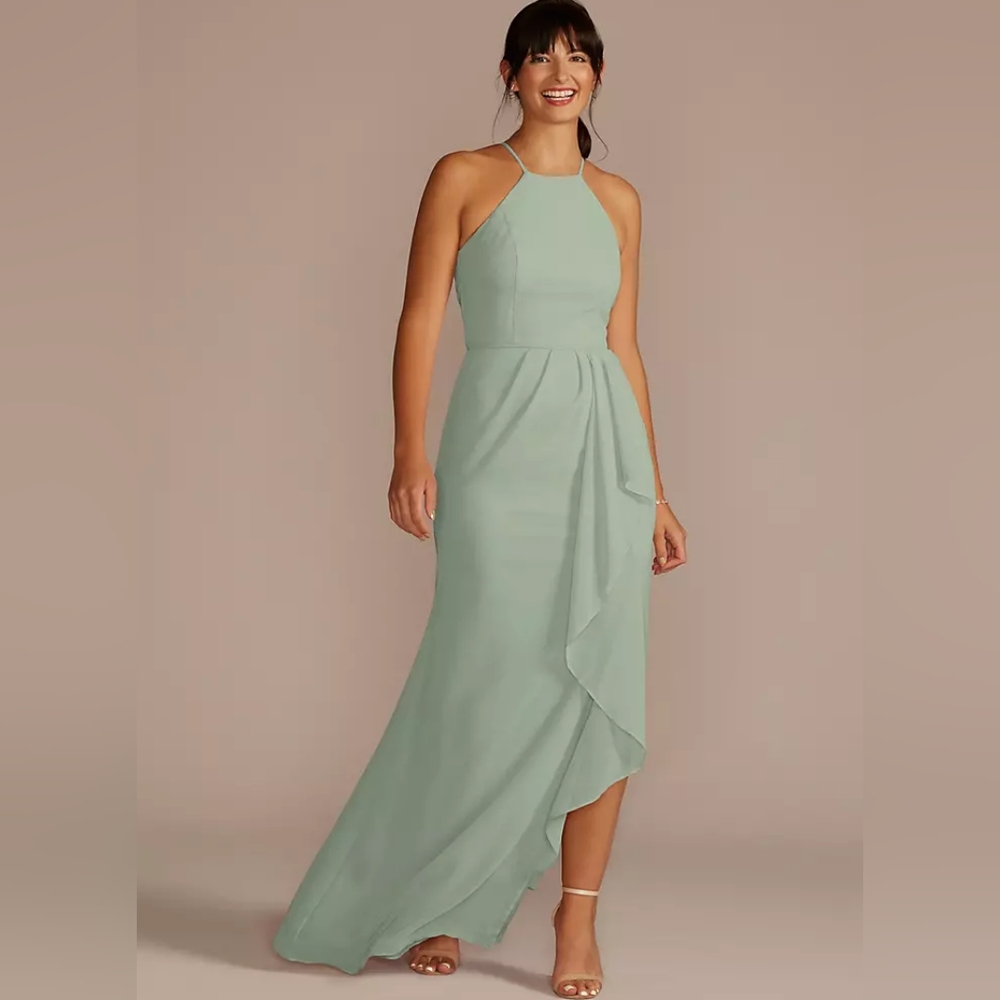 David's Bridal Dusty Sage High-Neck Chiffon Bridesmaid Dress W/ Cascade #F20014
